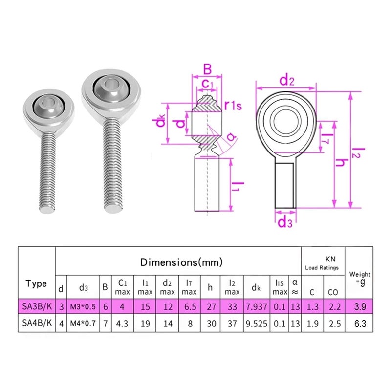 Male M3 SA3PK Rod End Joint Bearing Set For 3D Printer Right Thread Fisheye - Image 2